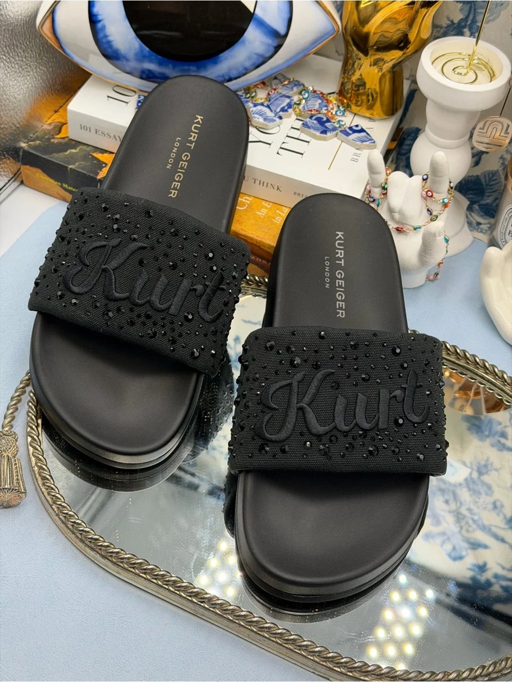 🆕 KURT GEIGER LONDON 🧿 NWOB Brockwell Black Embroidered Logo KURT Slide Sandal